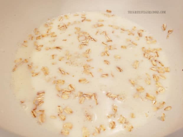 Old fashioned oats are soaked in milk to soften.