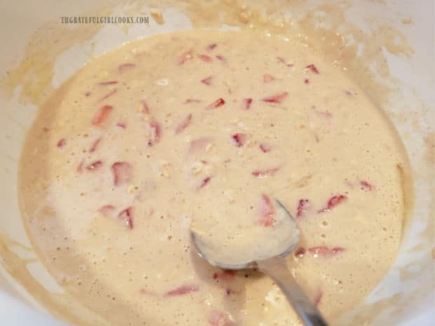 Once combined, the strawberry oatmeal pancakes batter is ready for cooking.