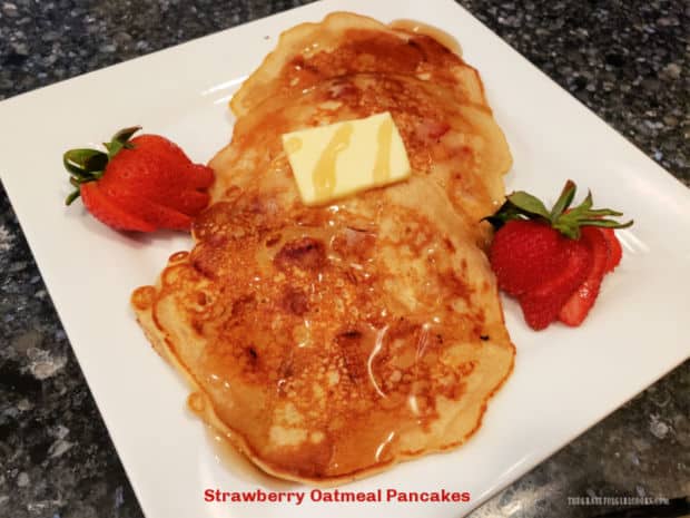 Strawberry Oatmeal Pancakes are an easy to make, yummy breakfast! Chopped fresh strawberries, brown sugar and cinnamon provide GREAT flavor! 