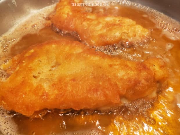 When done, the batter-fried rockfish is nicely browned on all sides.