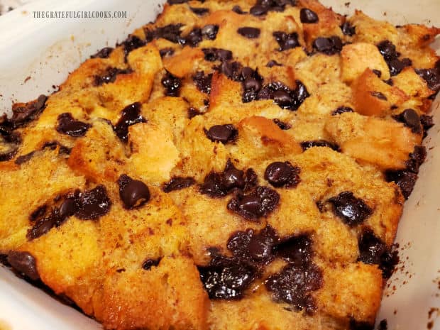 A baking dish of chocolate chip orange French toast cools after baking.