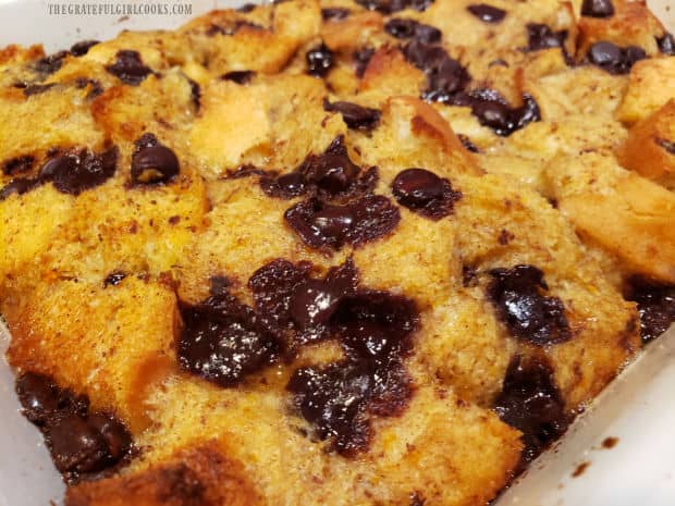 Chocolate chips on the French toast melt while baking.