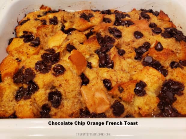 Chocolate Chip Orange French Toast is a yummy, EASY breakfast! Chocolate chips, orange juice, and cinnamon flavor this family-size baked dish!
