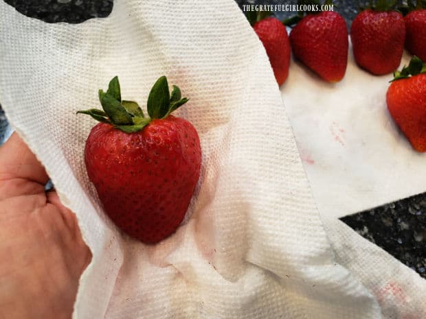 Each strawberry is gently patted completely dry using paper towels.