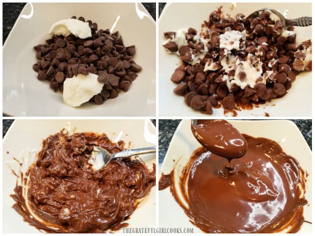 A four photo collage showing various stages of melting the chocolate.