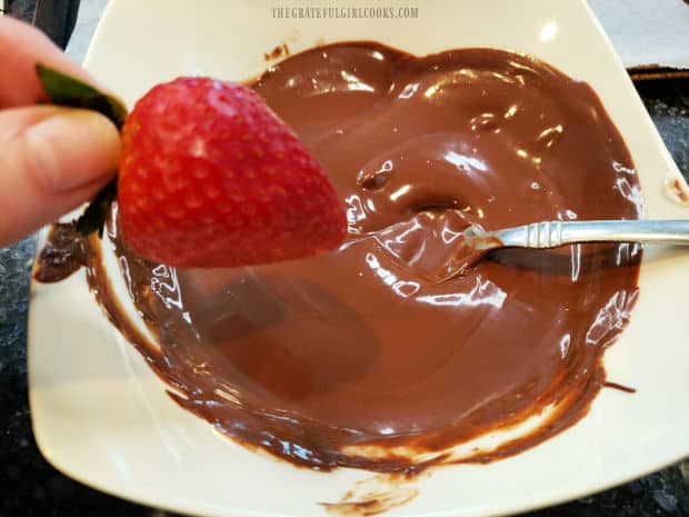 A completely dry strawberry is dipped into the melted chocolate.