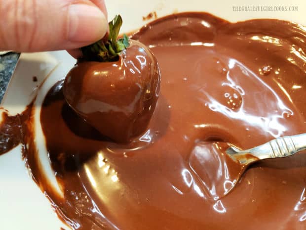 Entire strawberry (except for leaves) is coated with melted chocolate.