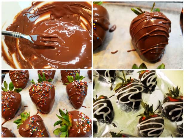 Four photo collage showing ways to decorate chocolate covered strawberries.