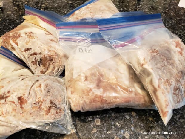 Easy slow cooker pulled pork can be stored in freezer bags in a freezer.