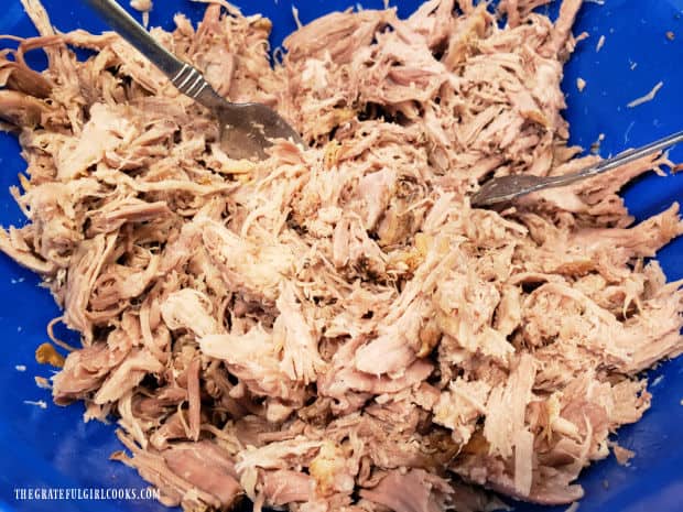 Cooked tender pork is shredded in a large bowl, using two forks