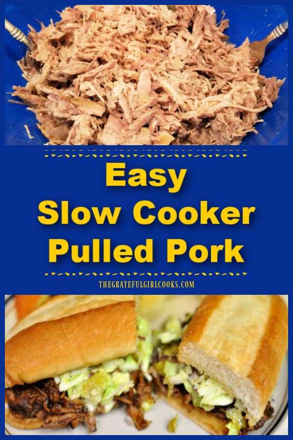 Make Easy Slow Cooker Pulled Pork to use in many main dishes (5 minutes prep)! Great for BBQ sandwiches, tacos, enchiladas, burritos, etc.