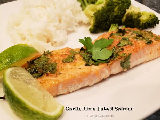 Garlic Lime Baked Salmon is simple to make, and tastes amazing! Only 5 minutes prep is needed before baking this flavorful, low-calorie dish.