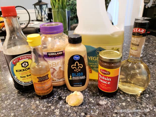 Ingredients used to make hoisin vinaigrette for salads.