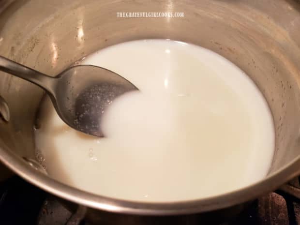 Stirred often, the ice cream sauce base will thicken as it cooks.