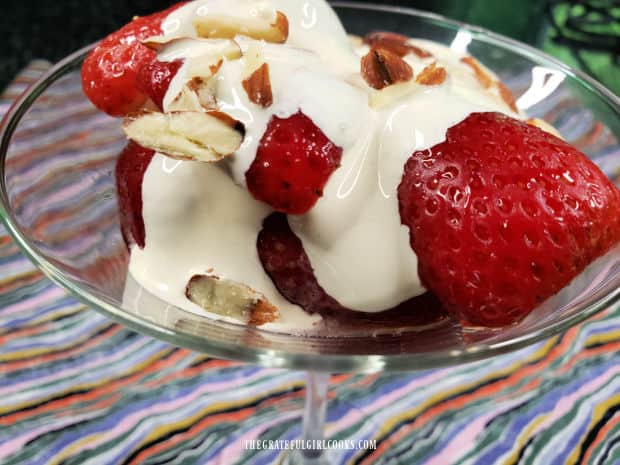 A strawberry almond Romanoff sundae, ready to be enjoyed.