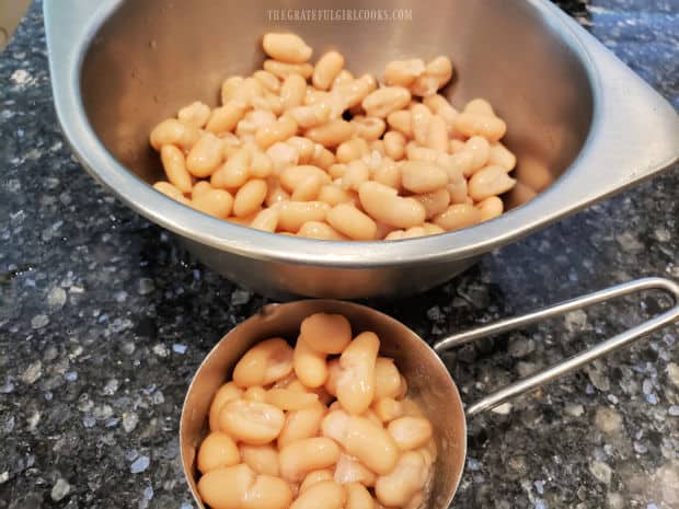 One third cup of beans is reserved/set aside for garnishing finished dip.