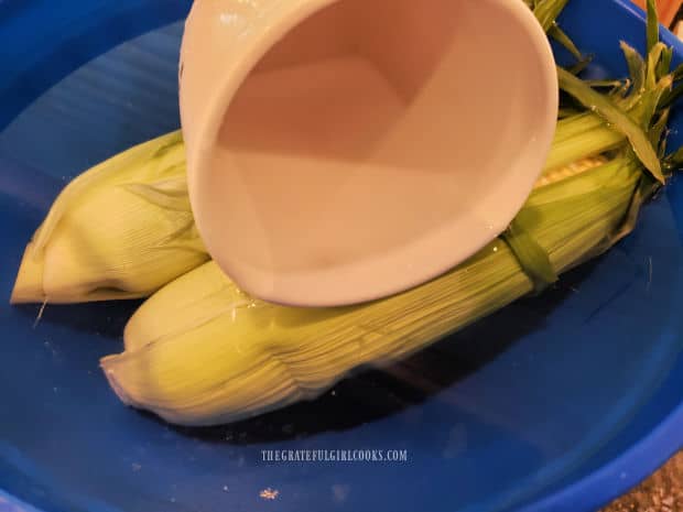 White mug with water in it weighs down corn soaking in blue bowl of water.