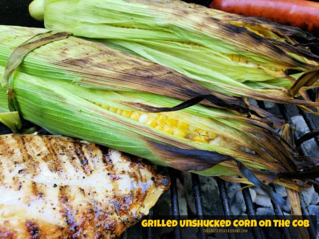 Make Grilled Unshucked Corn On The Cob on your BBQ grill! Soak them in water, then cook them on the grill, for delicious, fresh ears of corn!