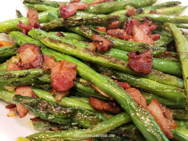 Crispy pieces of bacon mixed in with the pan-seared green beans.