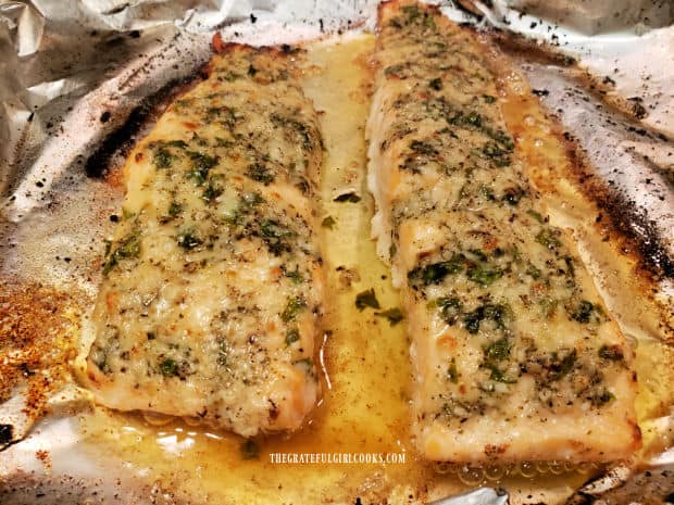 After broiling 1-2 minutes, the parmesan herb baked salmon is lightly browned.
