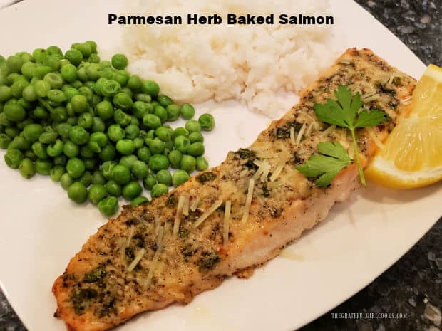 Parmesan Herb Baked Salmon is an easy, delicious main dish you'll love! Salmon fillets are topped with cheese, spices and garlic, then baked! 