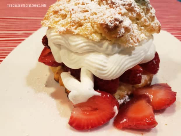 Strawberries and whipped cream inside the simple strawberry shortcake.