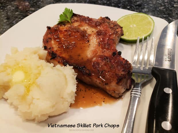 Vietnamese Skillet Pork Chops are juicy, tender and delicious! Pork chops are marinated in a simple Vietnamese sauce, then pan-seared.