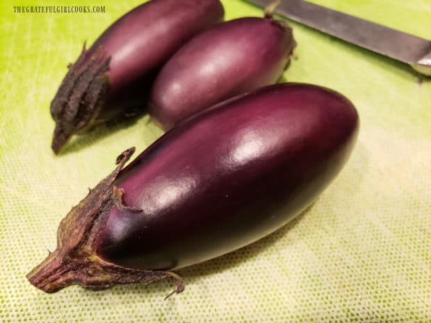 Three baby purple colored Italian eggplants are used to make this dish.