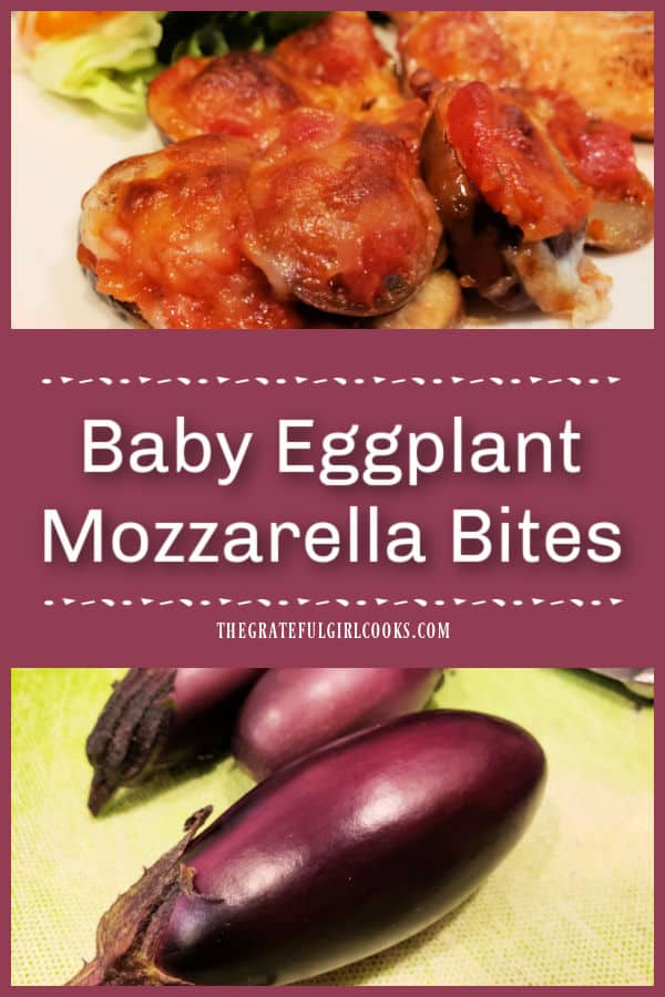Baby Eggplant Mozzarella Bites are an easy veggie dish for two! Eggplant slices are covered with Italian sauce and mozzarella, then baked.