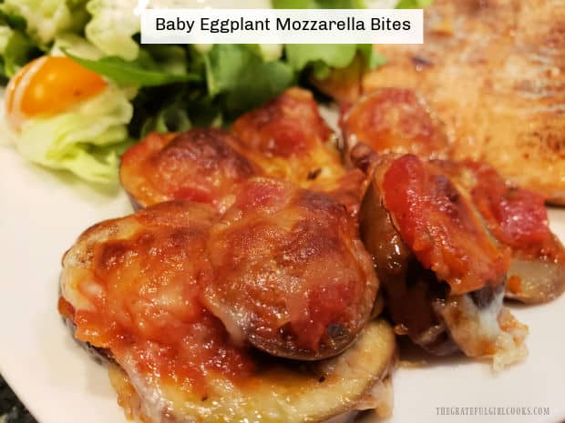 Baby Eggplant Mozzarella Bites are an easy veggie dish for two! Eggplant slices are covered with Italian sauce and mozzarella, then baked.