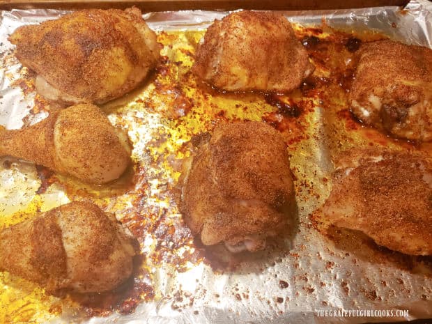 Baked chicken thighs and legs are cooked for 30-40 minutes in oven.