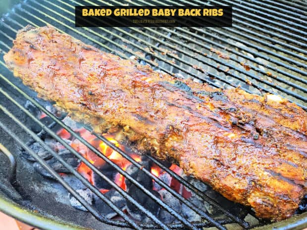 Baked Grilled Baby Back Ribs are fall off the bone tender and delicious! Spice-coated and baked, then grilled with BBQ sauce, you'll love 'em!