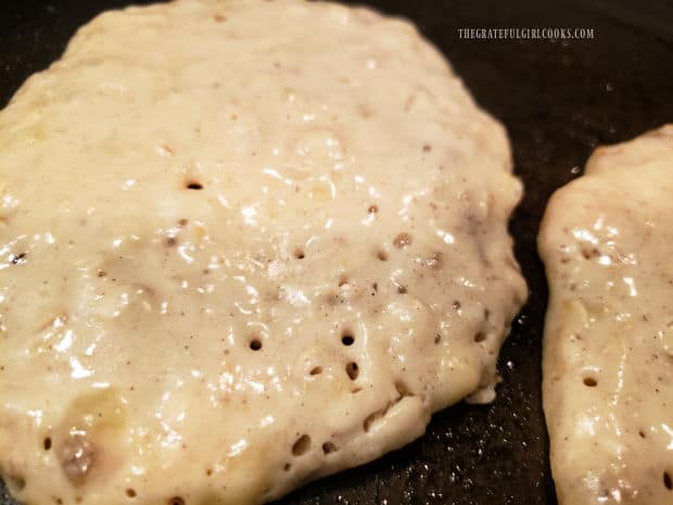 Bubbles will form on edges of pancakes when it's time to flip them over.