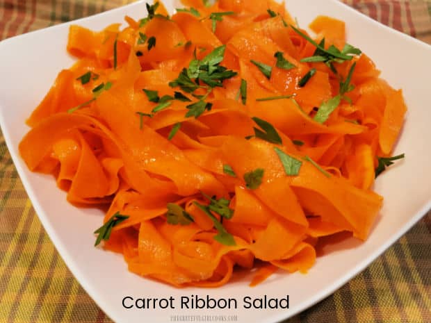 Carrot Ribbon Salad is a savory salad, with long thin carrot "ribbons", covered in a simple lemon, spices and olive oil salad dressing! 