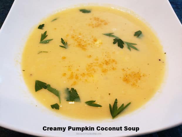 Creamy Pumpkin Coconut Soup is a delicious, comforting meal to enjoy on a cold day! This easy to make recipe serves 4 and has great flavor.