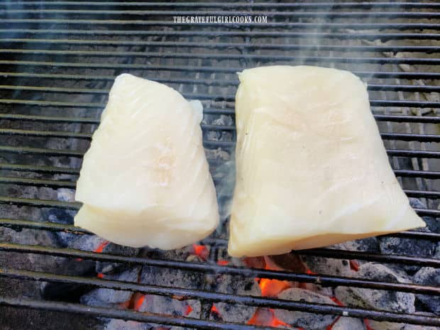 Two halibut fillets are placed over hot coals on the BBQ.