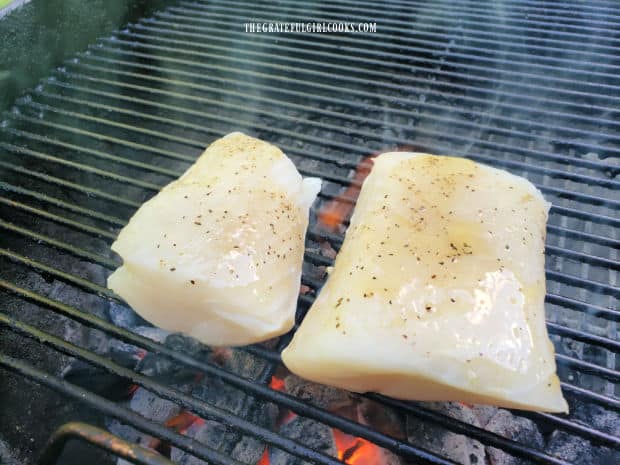 Two halibut fillets, brushed with garlic butter sauce, cooking on BBQ.