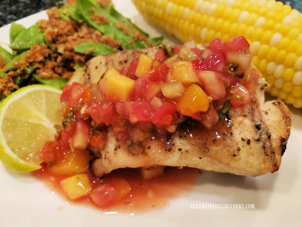 Corn and snap peas served with Grilled Garlic Butter Halibut topped with salsa.