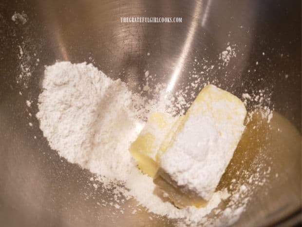 Soft butter and powdered sugar are beaten until fluffy.