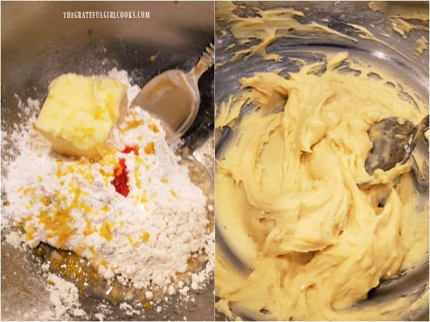 Yellow lemon frosting is made by mixing ingredients in a small bowl.