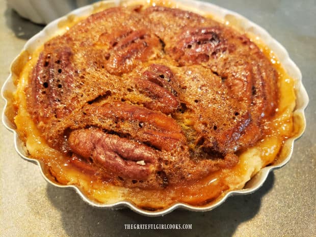 One of the little pecan pies for two, cooling, after baking for 35 minutes.