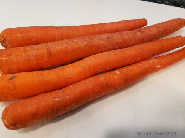 Four medium sized carrots are needed to make maple chile glazed carrots.