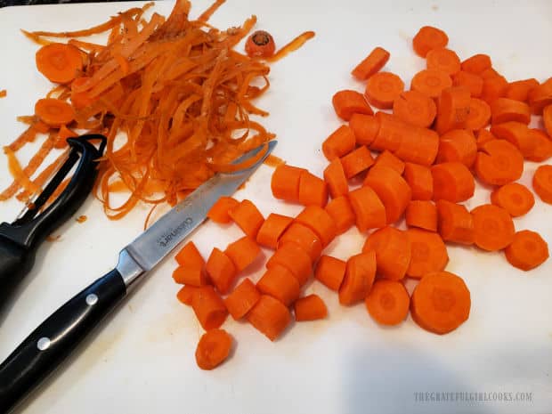Carrots are peeled, then cut in 1/2" round slices.