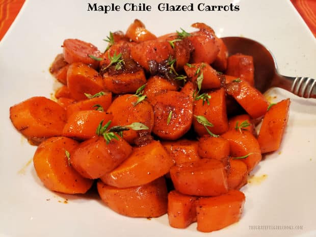 Maple Chile Glazed Carrots are a simple, yet delicious veggie side dish. Carrots are cooked with maple syrup, onions, butter, and spices.