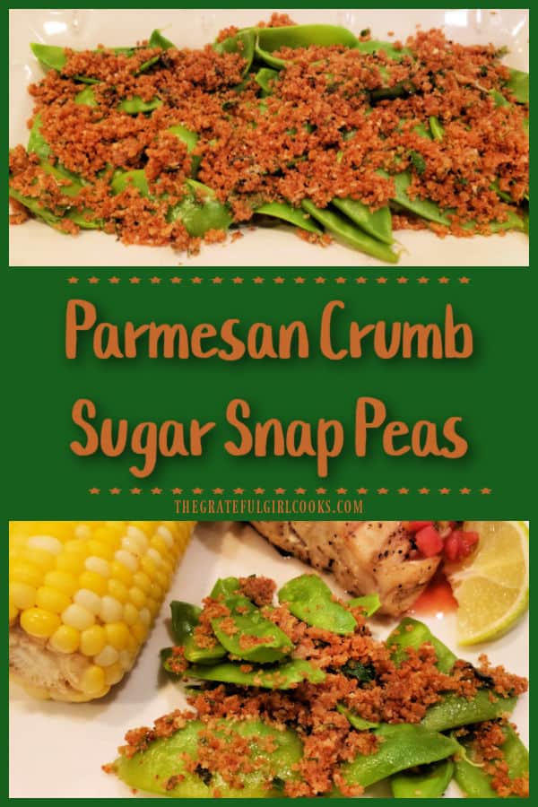 Parmesan Crumb Sugar Snap Peas is an easy veggie dish, with sugar snap peas topped with buttery toasted Parmesan, lemon and herb breadcrumbs.