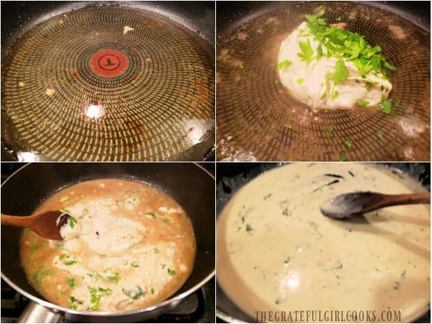 A 4 photo collage showing how to make the sour cream sauce in a skillet.