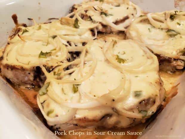Pork Chops in Sour Cream Sauce is a delicious dish featuring browned, "bone-in" pork chops and onions baked in a sour cream wine sauce.