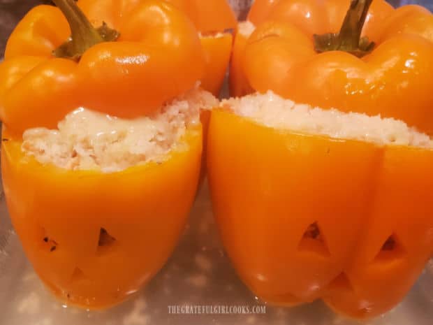 After baking, the orange bell peppers are tender and heated through.