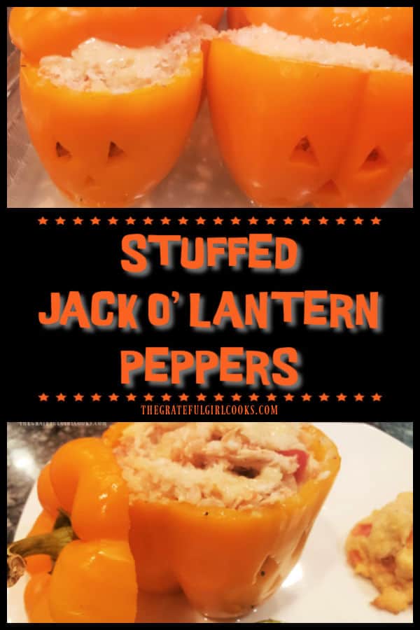 Make cute, delicious Stuffed Jack O' Lantern Peppers for 4! Filled with chicken, rice, salsa and cheese, this is a fun idea for a Fall meal!