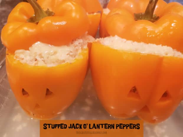 Make cute, delicious Stuffed Jack O' Lantern Peppers for 4! Filled with chicken, rice, salsa and cheese, this is a fun idea for a Fall meal!